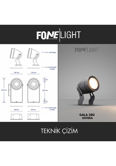 FoneLight Alutera 33 cm LED Kazıklı Çim Armatürü Siyah Alüminyum IP65 Bahçe Spot Ağaç Çit Peyzaj Aydınlatması 7W