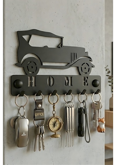 İondesign Araba Temalı Metal Anahtarlık Askılığı Siyah 6 Askılı Modern Duvar Dekoru Siyah