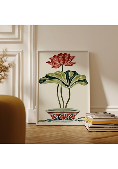 Kırmızı Lotus Çiçeği Duvar Sanatı Botanik Suluboya Resim Çiçekli Bitki Baskısı