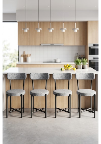 Sandalye 4 Adet Keten Kumaş Metal Ayak Modern Mutfak Sandalyesi Cafe Balkon Ofis Teddy Gri