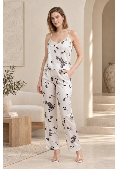 Loule Kadın Beyaz-siyah Çiçekli Kimonolu Saten Pijama Takımı Beyaz - Siyah
