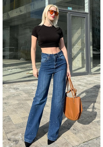 Madmext Lacivert Yüksek Bel Likralı Taşlı Kadın Jean Pantolon Mg2271 Lacivert