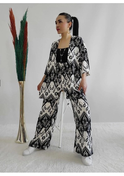 İpli Siyah Renk Desenli Ikili Kimono Takım Rahat Kalıp Siyah