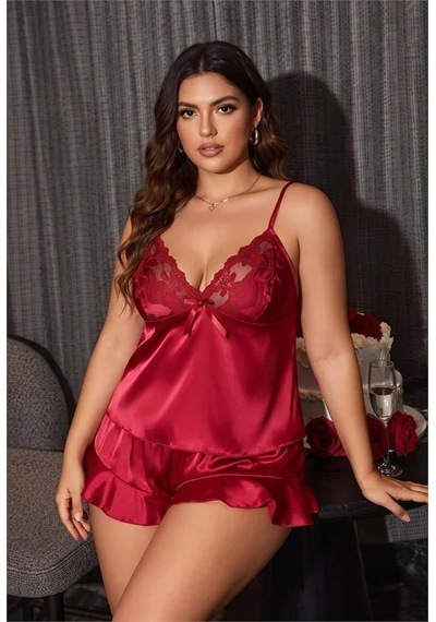 Go İthalat Kadın Bordo Büyük Beden Göğsü Fransız Dantelli Fiyonklu Paçası Fırfırlı Saten Şortlu Pijama Takımı