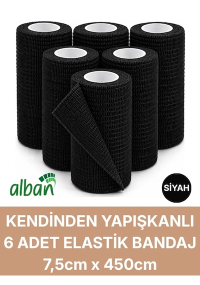 7,5cm 6'lı Set Kendinden Yapışkanlı Elastik Bandaj, Kohesiv Bandaj 7,5cm X 4.5m Spor, Bilek, Ayak Bileği, Veteriner Bandajı Siyah