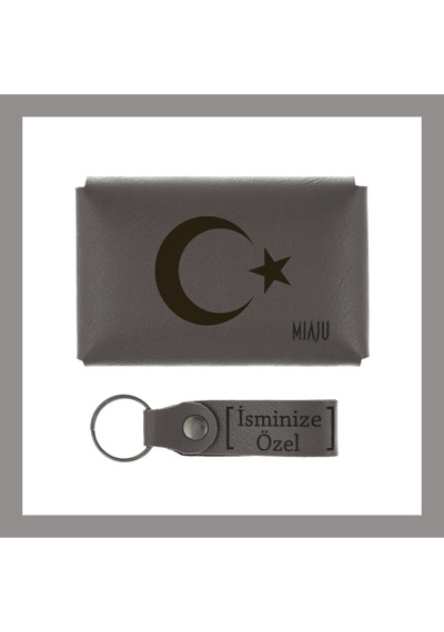Miaju Kül Gri, Ayyıldız Motifli, İsme Özel Cüzdan Ve Anahtarlık Set, Değer Verdiğine Çok Güzel Hatıra Kül Gri