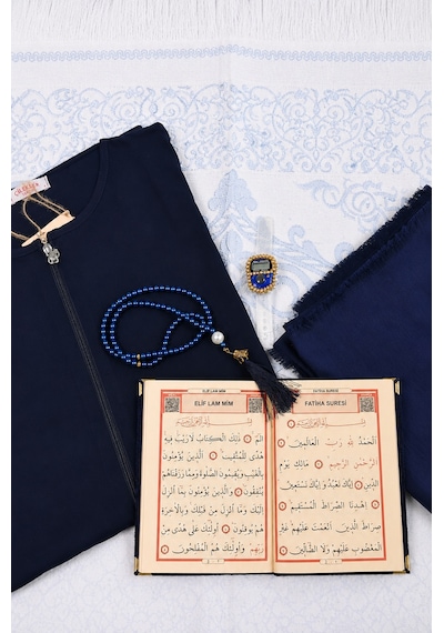 Bilenler Kadın Namaz Seti Fermuarlı Namaz Elbisesi Seccade Örtü Yasin Tesbih Zikirmatik Lacivert
