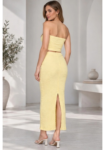 Mevese Kadın Bürümcük Kumaş Straplez Crop Ve Midi Kalem Etek İkili Set - Sarı