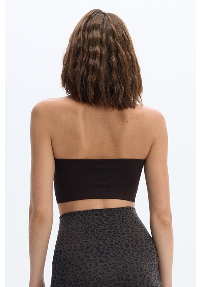 Subtone Boyundan Geçmeli Ribli Crop Top Koyu Kahve Kahverengi