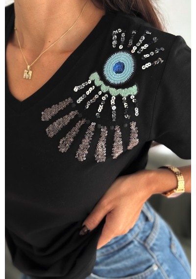 Femelle Kadın Siyah V Yaka Omzu Nakış Ve Pul Payet İşlemeli %100 Pamuk T-shirt
