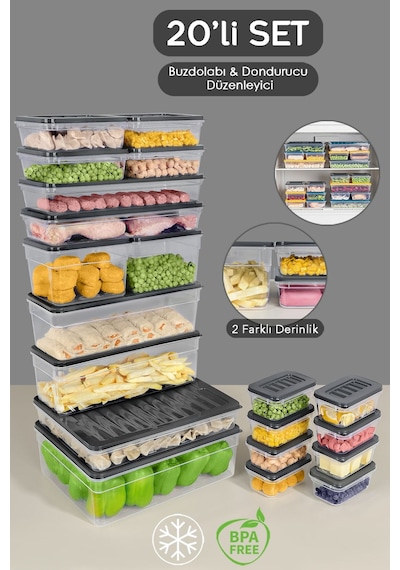 20'li Mikrodalga Uyumlu Organizer Set Düzenleyici Gıda Erzak Saklama Kabı Derin Ve Sığ Antrasit