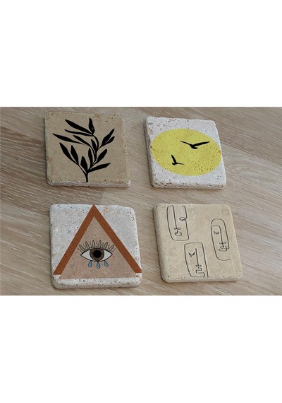 Line Art Surat Kuşlar Ve Tasarımlar Doğal Taş Bardak Altlığı 4'lü Set - Natural Stone Coasters - Taş Çok Renkli