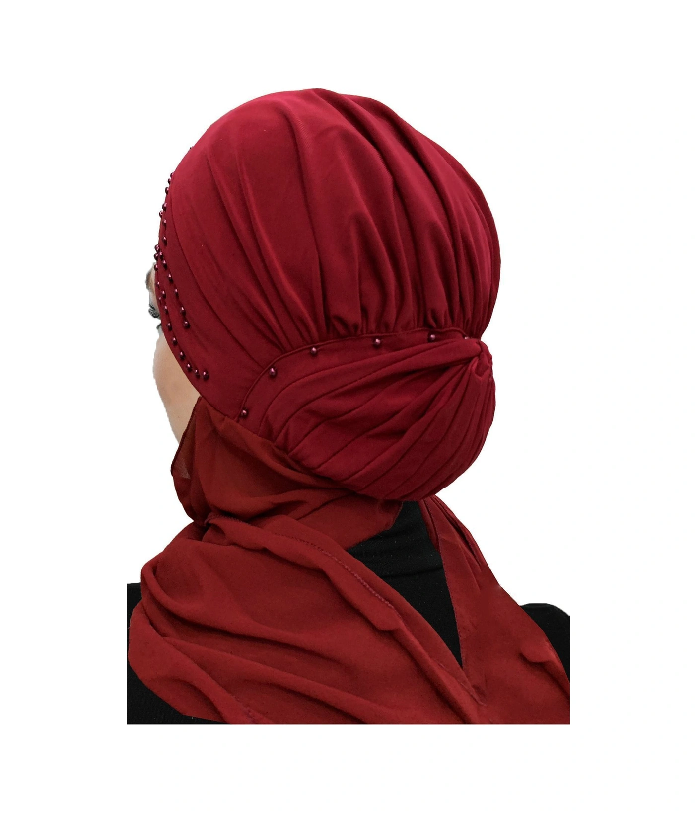 Elysianfidan Topuzlu Atkılı Bordo Hazır Türban Tesettür Bone Bordo