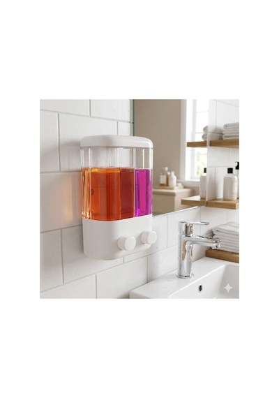 Yapışkanlı Duvar Sabunluk 1000 Ml 2 Bölmeli Banyo Mutfak Şampuan Dispenser V-2 Beyaz