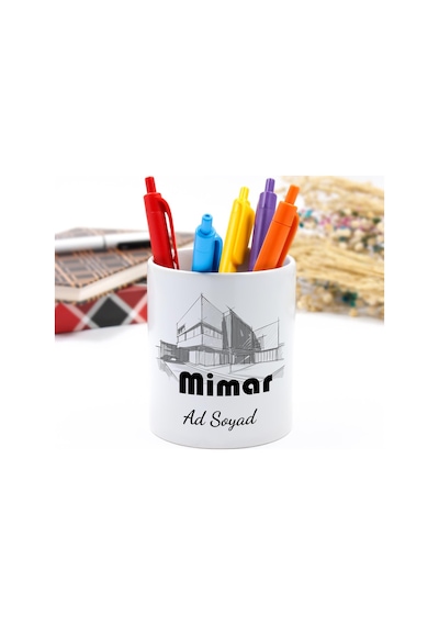 Mimarlara Özel Kişiselleştirilebilir Porselen Masaüstü Kalemlik 9,5cm Mimara Hediye