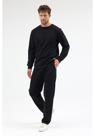 Mmetalic Siyah Relaxed Fit Bisiklet Yaka Sweatshirt Düz Paça Erkek Eşofman Takımı Mtlce3847