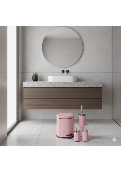 Vinoks Eko Serisi 4' Lü Banyo Seti Çöp Kovası+kolozet Fırçası+sabunluk+fırçalık Pembe Pembe