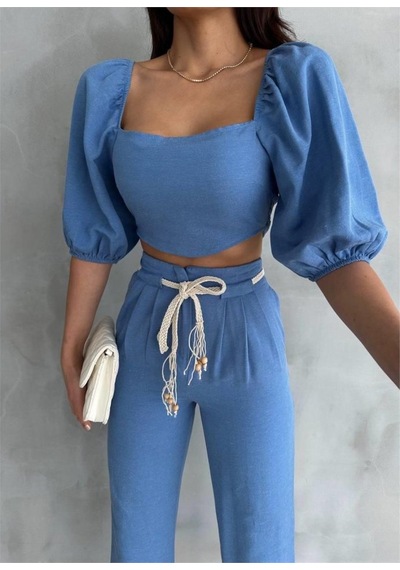 İkales Keten Crop Karpuz Kol Bluz-pantolon Hasır Kemerli - Mavi