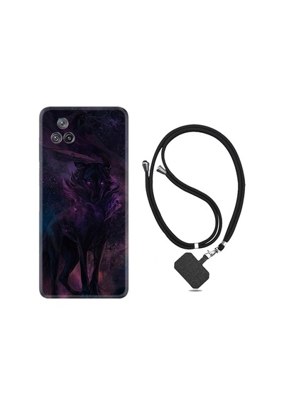 Xiaomi Poco F4 Kılıf İpli Boyun Askılı Desenli Silikon Black Purple Wolf 1791