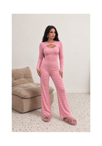 Evoa Kadın Pembe 3'lü Çizgili Atletli Ve Bolerolu Pijama Takım