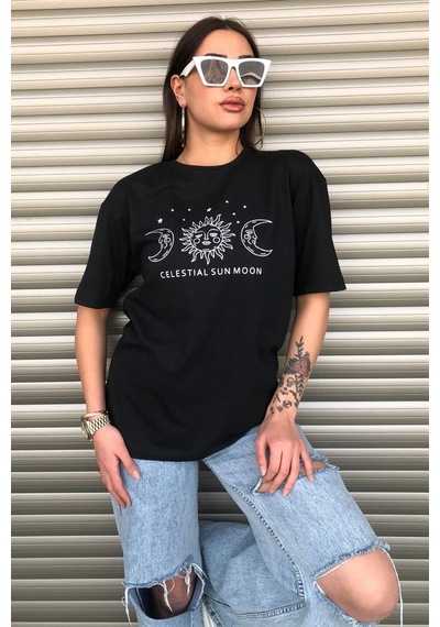 Startmore Bisiklet Yaka Siyah Ay Baskılı Oversize Siyah