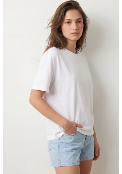 Elemge Pamuk Süprem Kadın Boxy Fit Beyaz T-shirt Bol Kesim Düşük Omuzlu Bisiklet Yaka Oversize Tişört