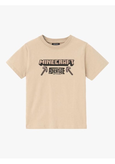 Miniko Kids Erkek Çocuk Sıfır Yaka Mınecraft Modelli Pamuk Tişört Bej