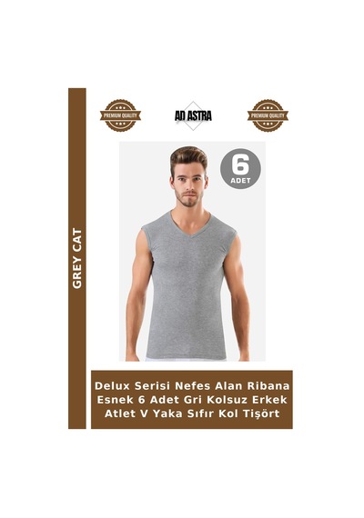 Grey Cat Delux Serisi Nefes Alan Ribana Esnek 6 Adet Gri Kolsuz Erkek Atlet V Yaka Sıfır Kol Tişört Gri-6