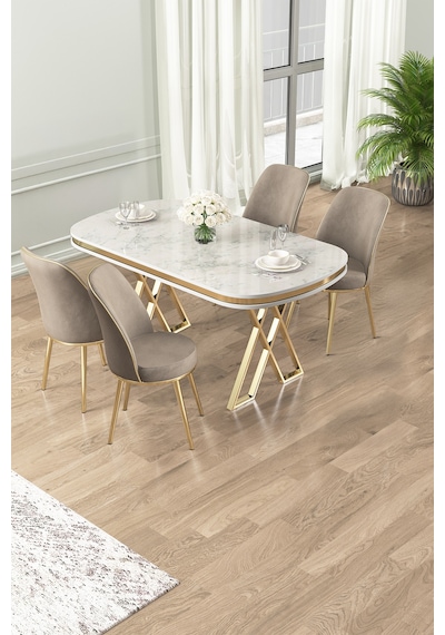 Canisa Lai Serisi 90x168 Lak Panel Beyaz Mermer Desen Masa Ve 4 Cappucino Sandalye Gold Kaplama Ayak Beyaz Mermer Masa Cappucino Sandalye Ayaklar Gold Canisa Lai Serisi 90x168 Lak Panel Beyaz Mermer Desen Masa Ve 4 Cappucino Sandalye Gold Kaplama Ayak Beyaz Mermer Masa Cappucino Sandalye Ayaklar Gold