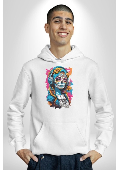 Kulaklık Müzik Dinleyen Kız Kadın Erkek Beyaz Kapüşonlu Sweatshirt Hoodie Beyaz