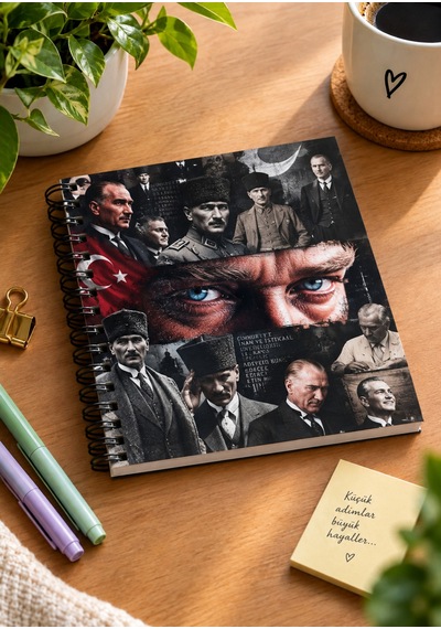 Atatürk Temalı 15x15 Kare Esnek Karton Kapak Metal Spiralli Kareli Defter Atatürk Temalı Defter Çok Renkli