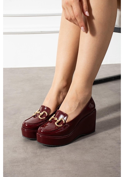 Zenne Shoes Dolgu Topuklu Tokalı Kadın Ayakkabı Bordo Rugan