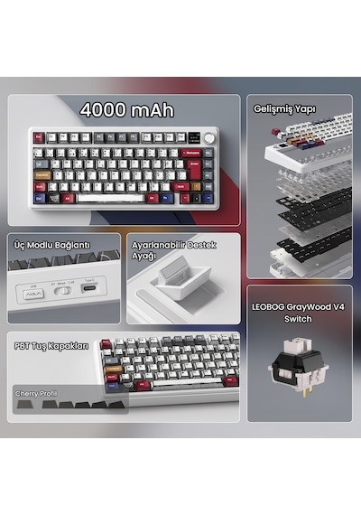 Aula F75 Max Mekanik Gaming Oyuncu Klavyesi Tkl Rgb Graywood V4 Switch Kablosuz Makrolu Hot Swap Türkçe Q Comic 14413384