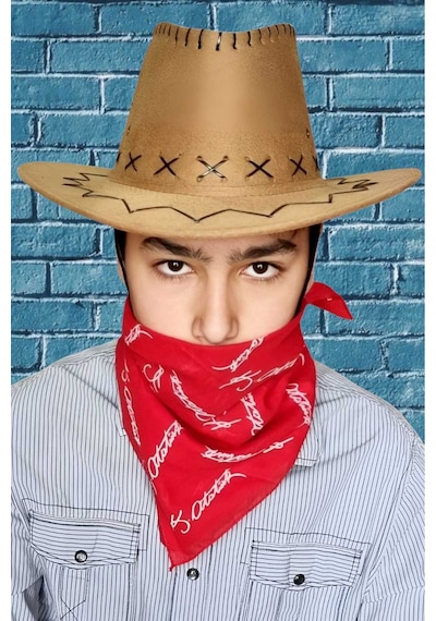Uniquetrenders Çocuk Unisex Bandanalı Nubuk Kovboy Şapkası 8-14 Yaş Cappuccino 5