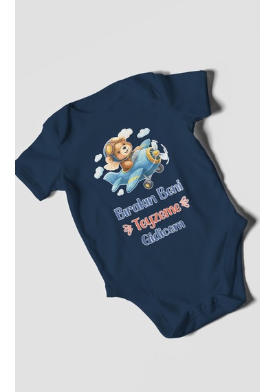 Morivokids Bırakın Beni Teyzeme Gideceğim Kısa Kollu Bebek Body %100 Pamuk Lacivert