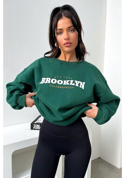 Brooklyn Thatssofetch Sweatshirt - Yeşil Baskılı Oversize Bisiklet Yaka Yeşil