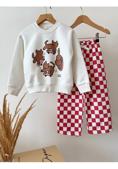 Magu Kız Çocuk Kedi Baskılı Ekru Sweatshirt Ve Kırmızı Dama Desenli Eşofman Takımı Çok Renkli