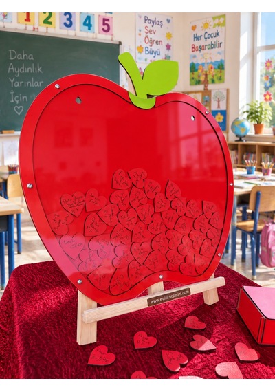 Kişiye Özel Elma Şekilli Öğretmenler Günü Hatıra Anı Kutusu 50 Cm Öğrenci Mesaj Defteri