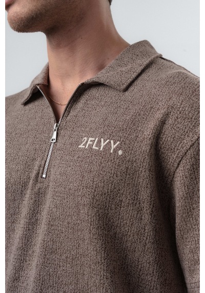 Erkek 2flyy Yazılı Yarım Fermuarlı Regular Fit T-shirt Şort Takım Kahve Kahverengi