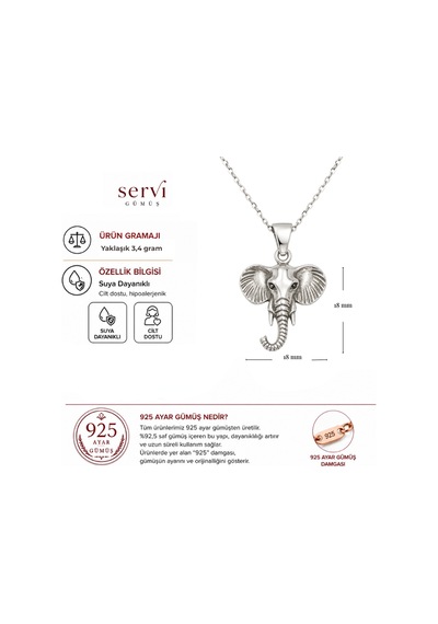 Servi 925 Ayar Gümüş Antik Fil Kolye-311