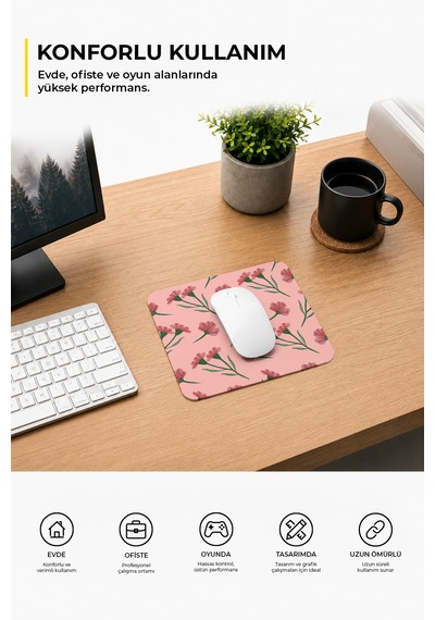 Çiçek Desenli Renkli Ergonomik Mouse Pad Kaymaz Taban Ev Ve Ofis Kullanımı Fare Altlığı Mousepad Pembe