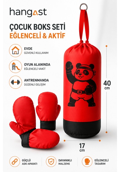 Çocuk Boks Seti Panda Desenli Asılabilir Boks Torbası Eldivenli Kırmızı