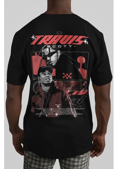 Travis Scott Rapper Şarkıcı Sırt Baskılı Unisex Oversize Tişört Siyah