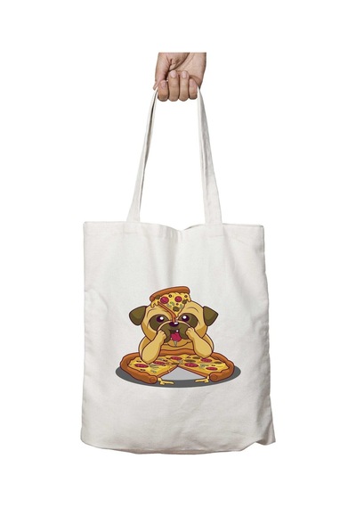 Art Hediye Pug Pizza İki Tarafı Kalıcı Baskılı Yıkanabilir Okul Plaj Omuz Bez Çantası Çok Renkli