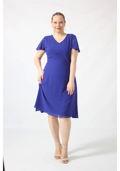 Moda Berray 3297 Saks Kolu Fırfırlı Bele Oturan Astarlı Şifon Elbise Saks Saks Mavi
