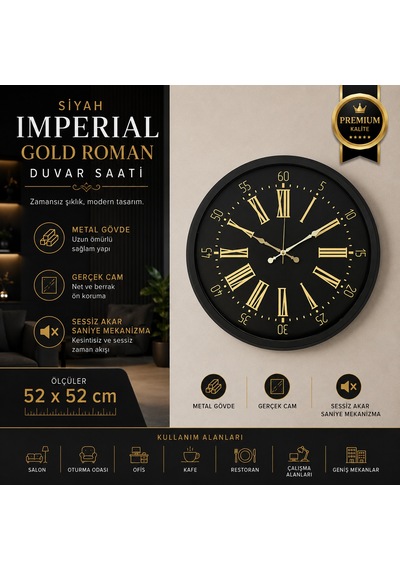 Siyah İmperial Gold Roman 52 X 52 Cm Duvar Saati