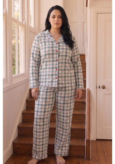 Siyah İnci Desenli Termal Kumaşlı Ultra Soft Yumuşak Büyük Beden Battal Boy Düğmeli Örme Pijama Takımı 26226522 Ekru