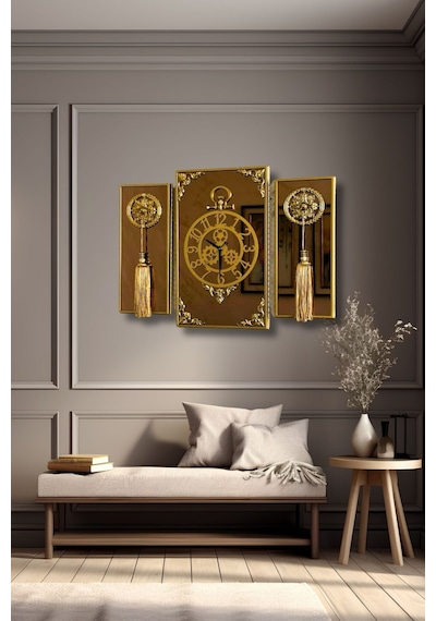 Casablanca 3 Lü Gold Aynalı Çerçeveli Püsküllü Duvar Saati Takımı, Wall Clock Hediye 38gmb Altın