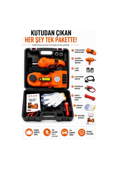 5 Ton Hidrolik Araç Krikosu 12v 4in1 Elektrikli Kriko Seti Hava Kompresörü Bijon Sökme Anahtarı Lastik Değiştirme Led Rj-5t