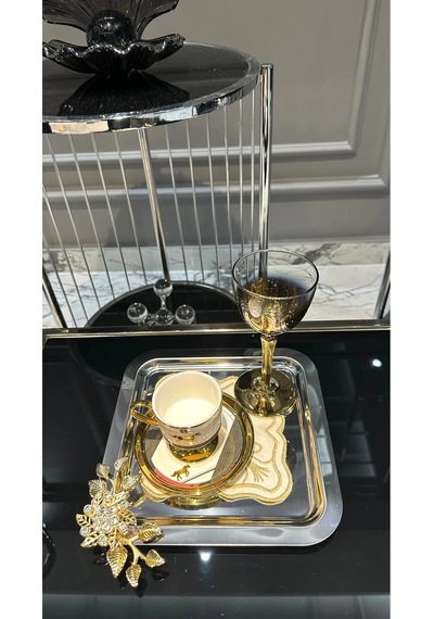 6 Lı Kare Kahve Çay Tek Kişilik Metal Sunum Tepsi Gümüş